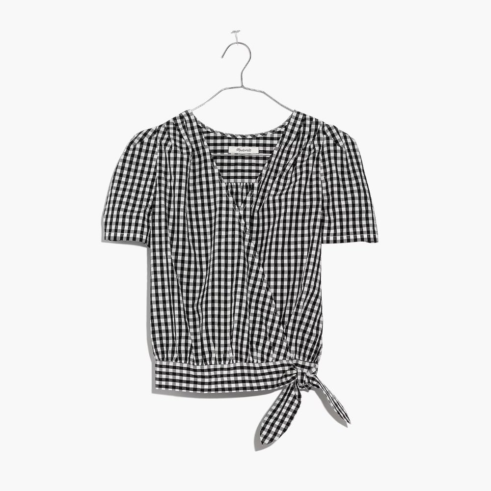 Madewell Short-Sleeve Wrap Top in Gingham Check